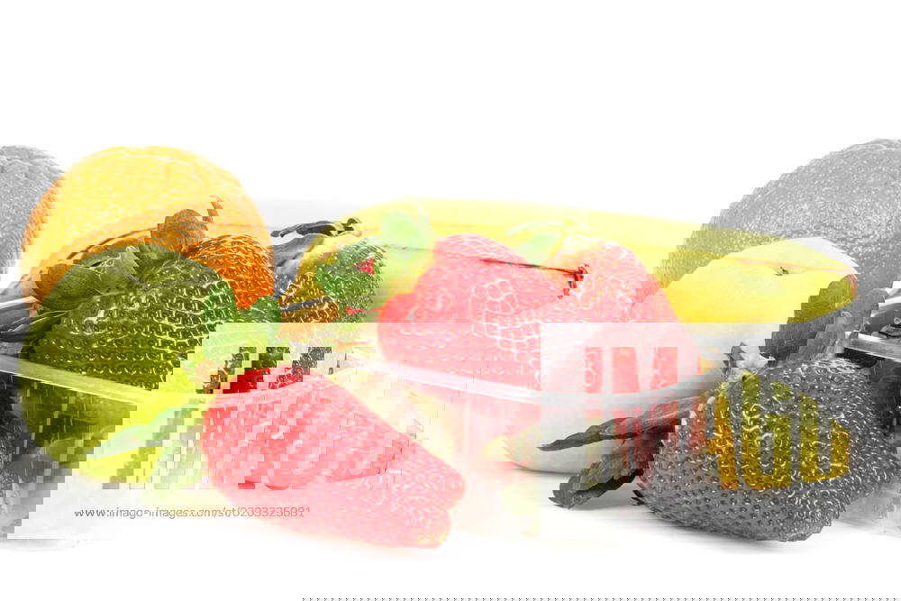 Fresh diet fruit, apple, orange, banana and strawberry on white