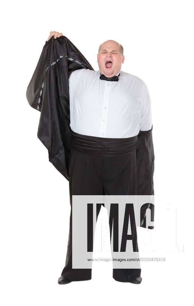 Very Overweight Elegant Fat Man Yawning After A Night Out As He Strips Off His Dinner Jacket