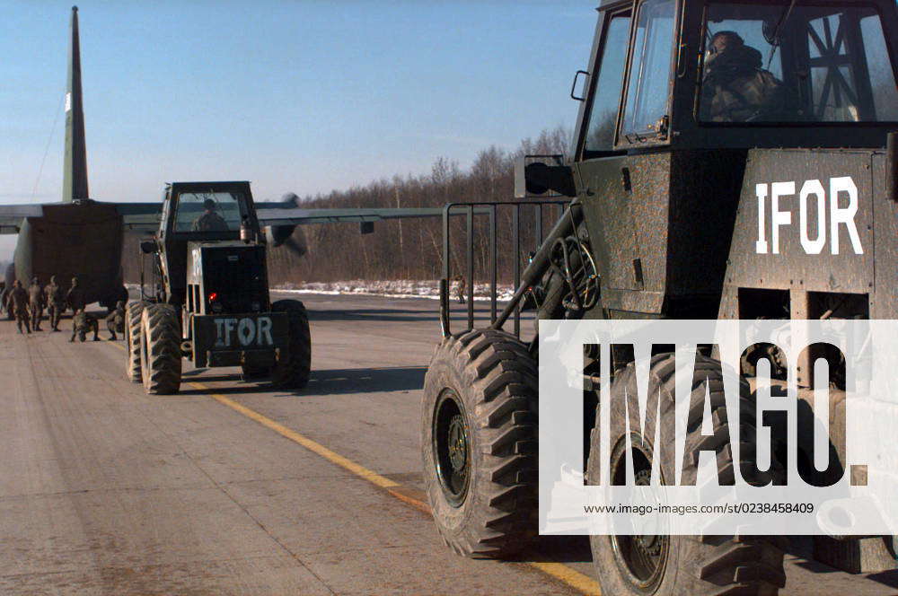 Implementation Force (IFOR) forklifts at Tuzla AB, Bosnia-Herzegovina ...