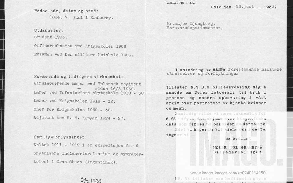 HISTORICAL PICTURES Oslo 28 June 1933 Defense Minister Birger Ljungberg ...