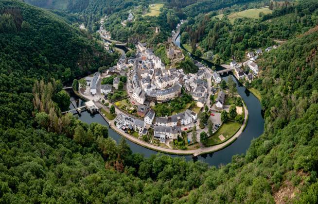 Drone view of the picturesque village of Esch-sur-Sure on the Sauer ...