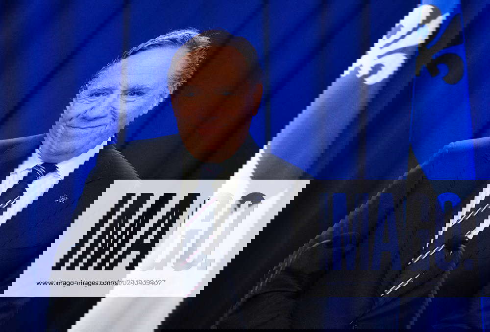 March 24, 2023, Montreal, PQ, Canada Quebec Premier Francois Legault smiles as he speaks during a