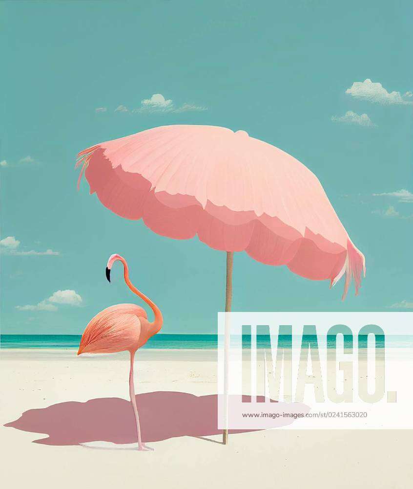 Secretaris rollen ontwikkelen Flamingo with a parasol on the tropical beach, pastel pink color, holiday  and summer concept, genera