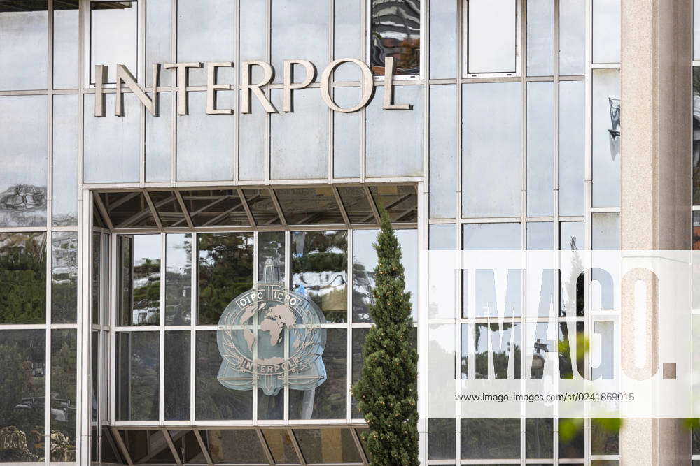 Interpol headquarters in Lyon writing and logo on the facade 02 04 2023 ...