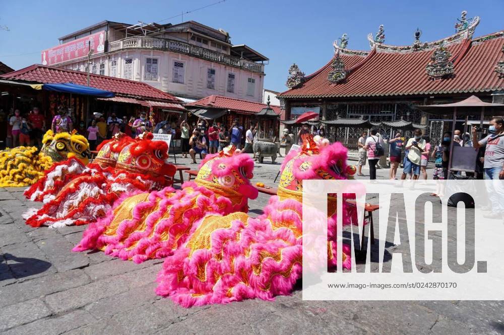 Chinese lion dance in a group perform, George Town, Penang, Malaysia ...