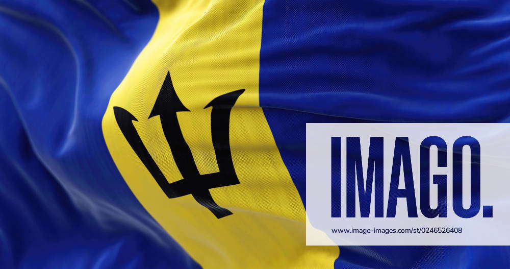 Close-up view of the Barbados national flag waving in the wind Close-up ...