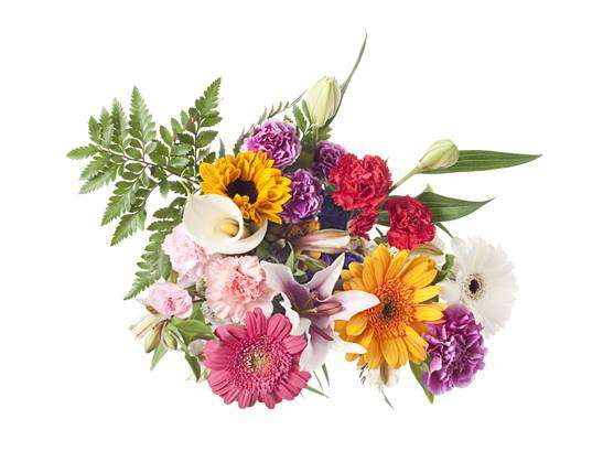 Bouquet of spring and summer flowers isolated on white for easy removal. Shot from above