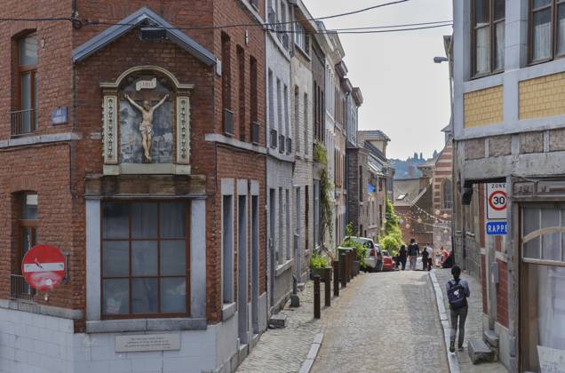Typical Liege street with brick houses Rue Voliere. Wallonie Belgien