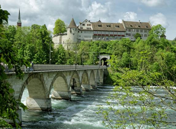 Viaduct and Castle Running, running Uhwiesen on Rhine Falls, Canton ...