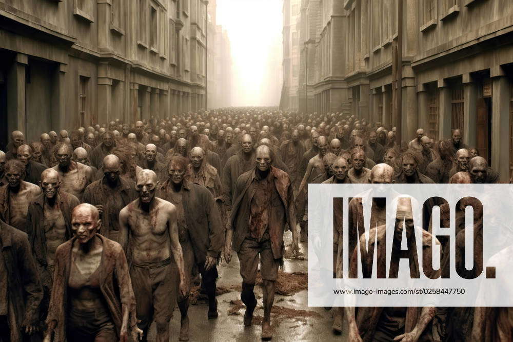 Horde group of zombies dead walking in a destroyed city after infection ...