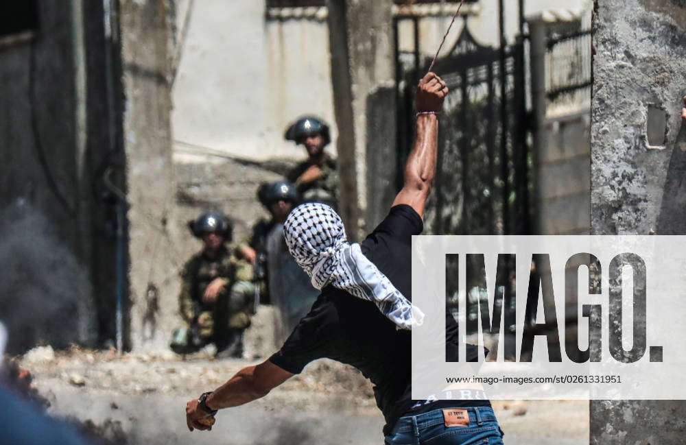 June 23 2023 Nablus Palestine A Palestinian Protester Throws Stones