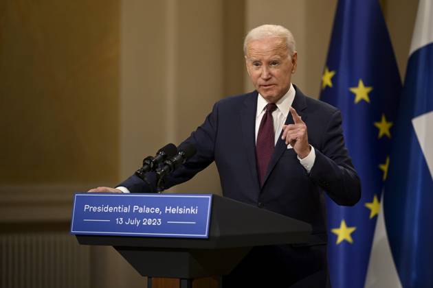 US President Joe Biden speaks during a meeting in the East Room of the ...