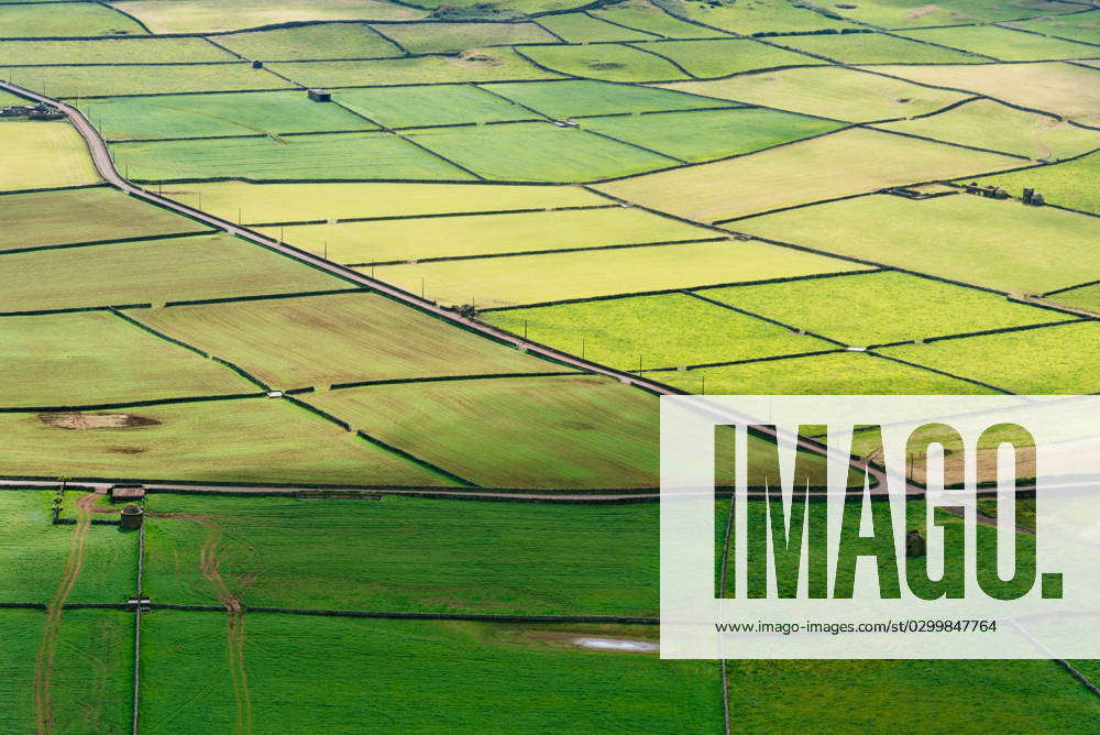 Panoramic aerial view of traditional rural farmland in Terceira Island ...