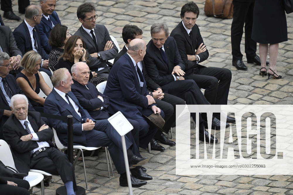 French businessman, chairman and CEO of Kering, Francois-Henri Pinault,  World's top luxury group LVMH head Bernard Arnault and CEO of LVMH Holding  Company, Antoine Arnault during Jean-Louis Georgelin's national tribute  held at