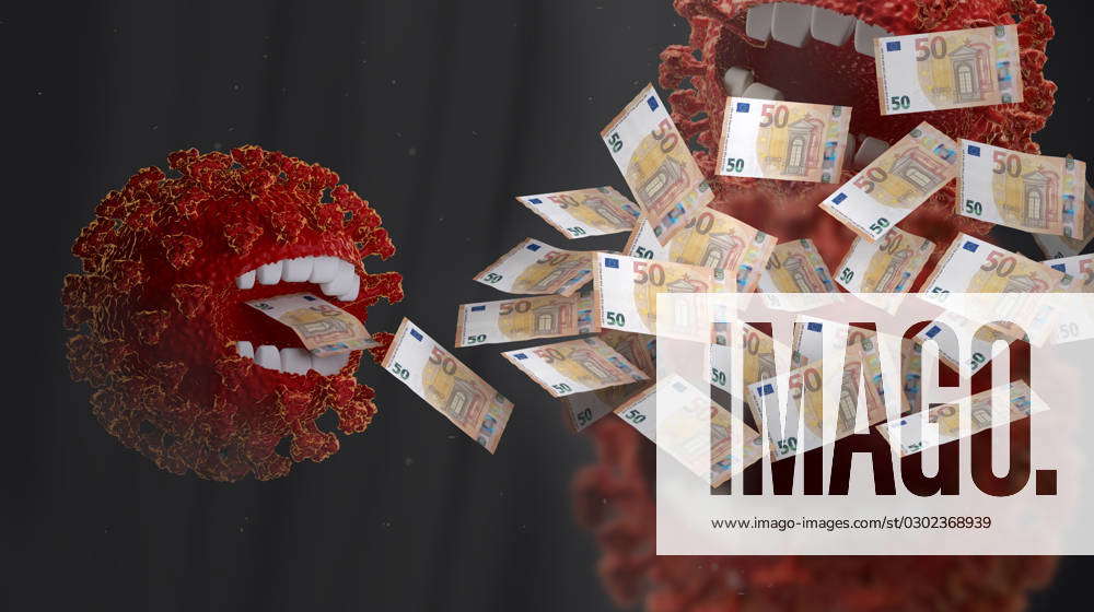 Concept of Corona crisis costs. money eating red virus, symbolic virus ...