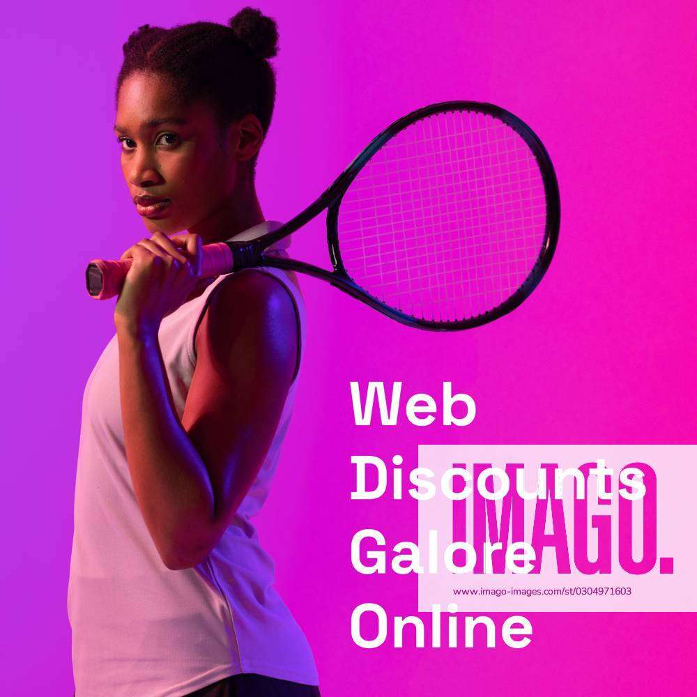 Composite of web discounts galore online text over african american female tennis player