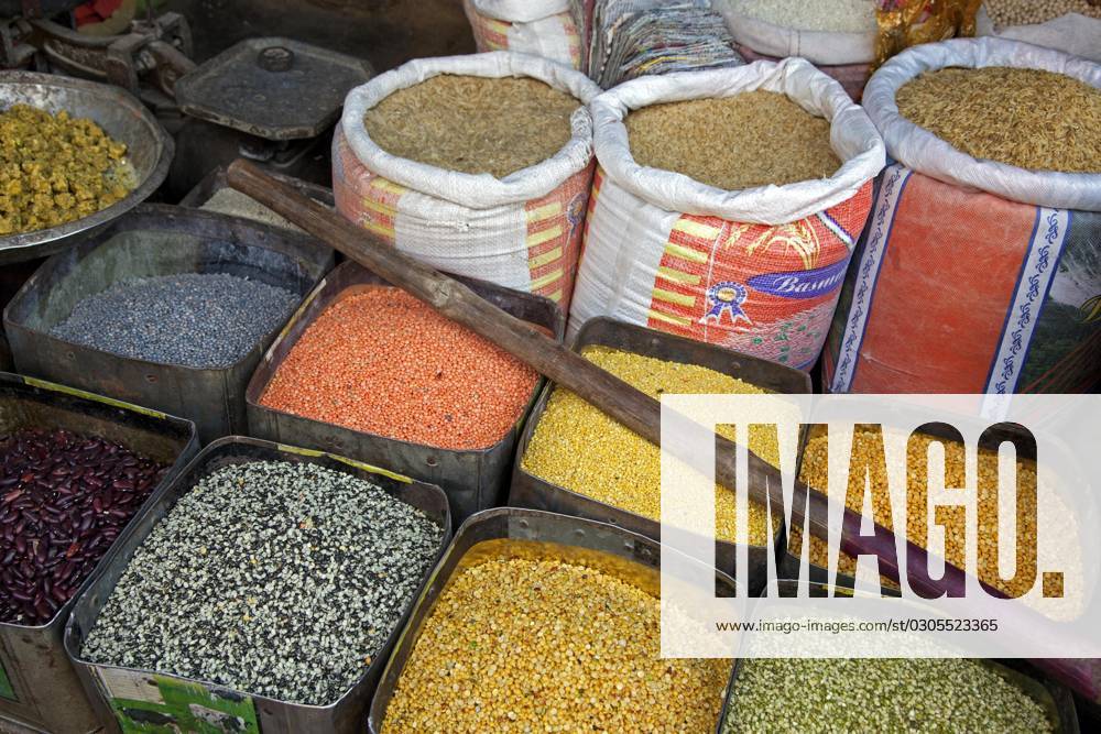 food ingredients like Corn, Beans, Rice and Spices in Bags and Cans at ...