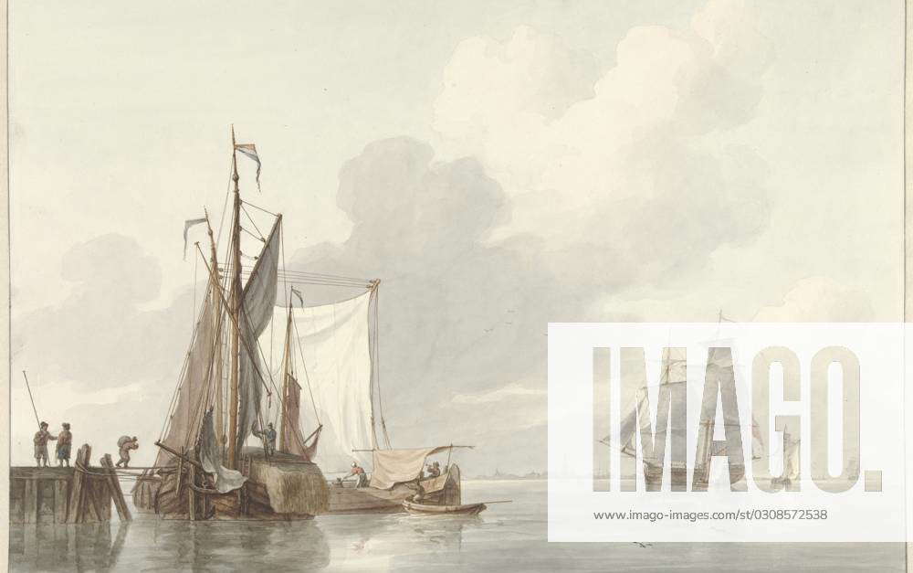 River view with moored ships, 1780-1848. A large sailing ship and a ...