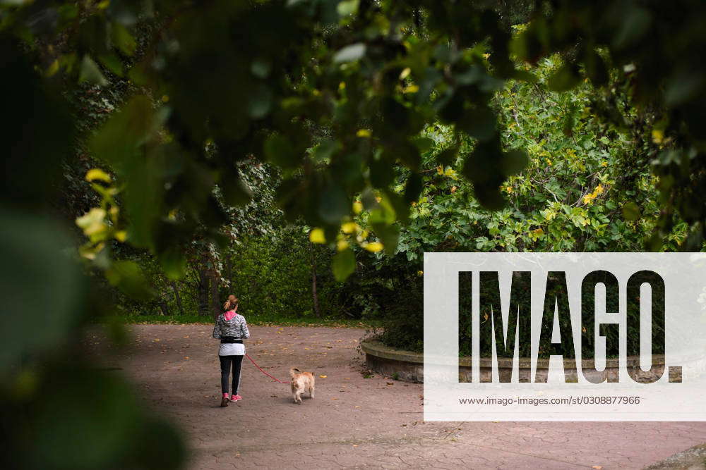 October 16, 2023, Pamplona, Spain: A woman enjoys a walk with a dog on ...