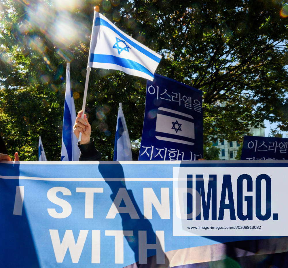 Israel solidarity rally in Seoul, South Korea - 17 Oct 2023 A protester ...