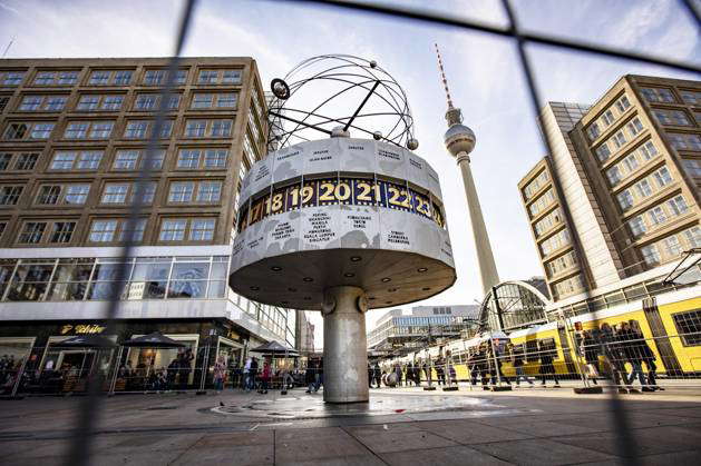The world clock behind a barrier at Alexanderplatz in Berlin on 18 ...
