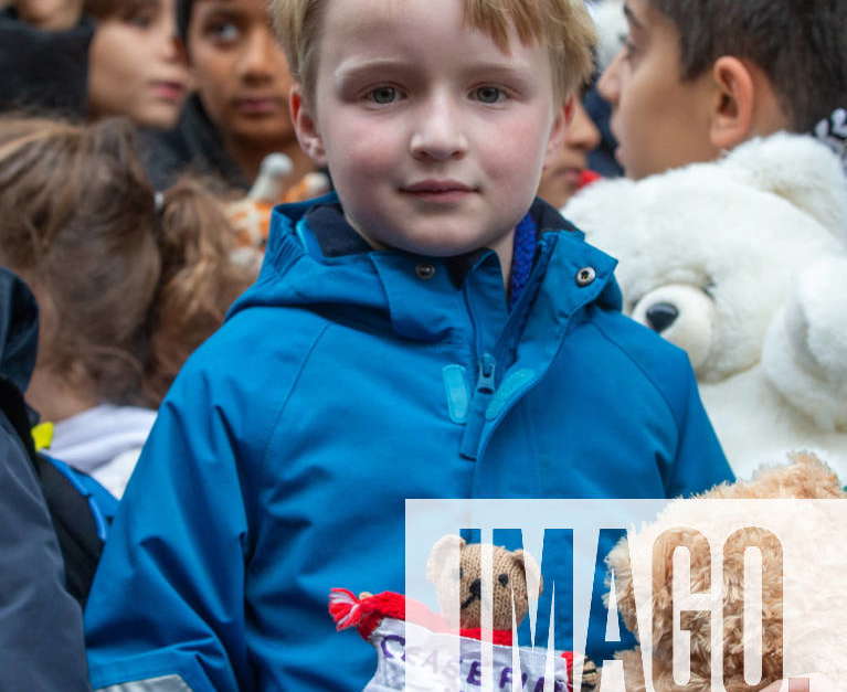 October 27, 2023, London, England, United Kingdom Children place teddy