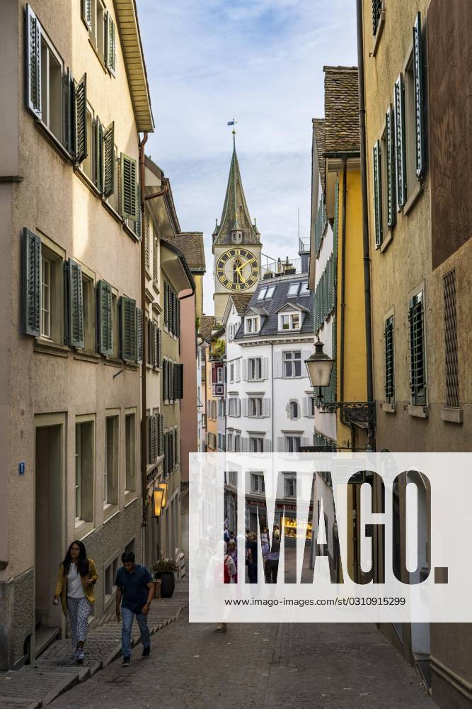 Enge Alleys the Old Town from Zurich, Church tower the Church St Peter ...