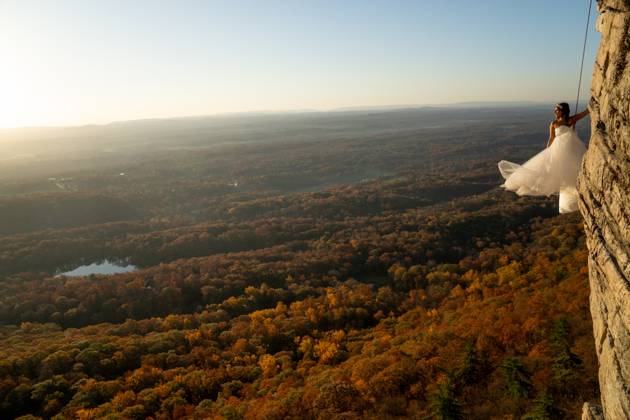 Rock Climbing Wedding Bride at Sunrise Gardiner, New York, United ...