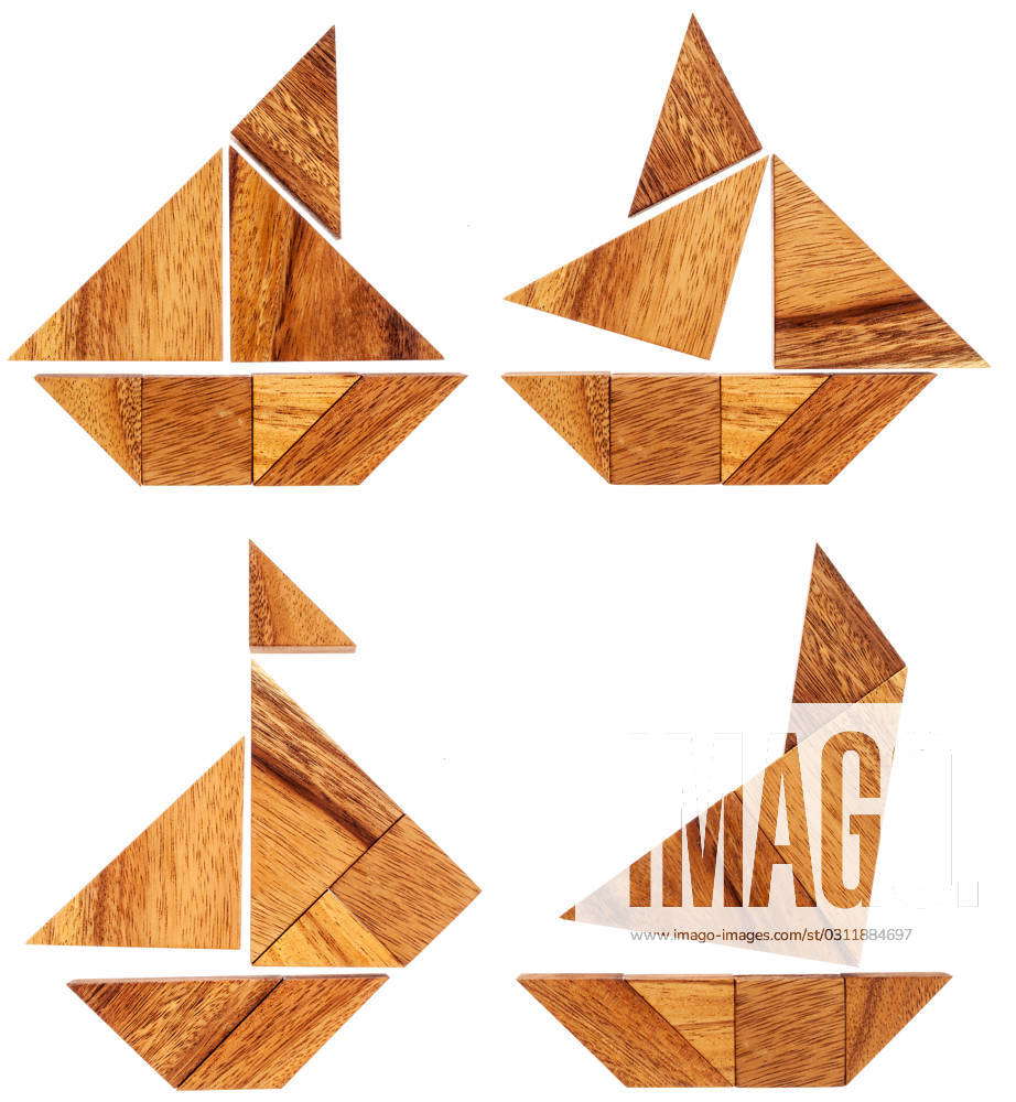 Four abstract pictures of sailing boats built from seven tangram wooden ...