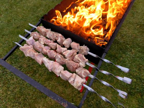 Russian Federation. Leningrad region. Village. Cooking barbecue on the ...