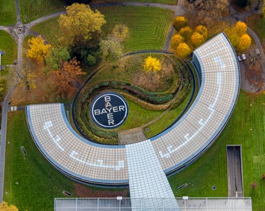 Aerial view, semicircular building of the Bayer AG headquarters in the ...