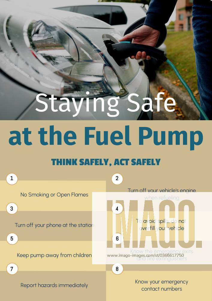 Staying safe at the fuel pump, act safely text with list and caucasian