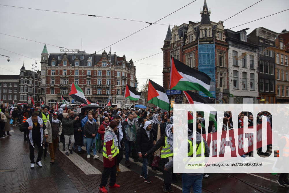 Pro-Palestine Rally - Amsterdam People Hold Banners, Chant Slogans And ...