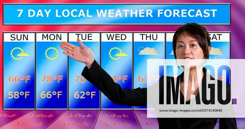 Female Asian American meteorologist gestures to weather chart, original ...