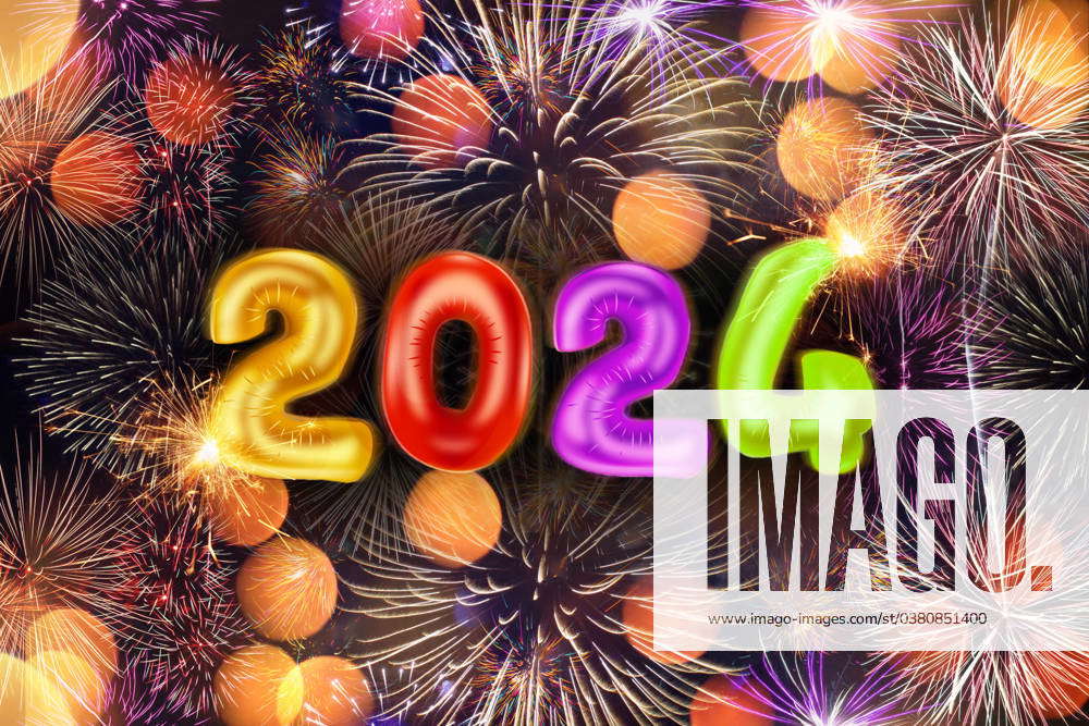 PHOTOMONTAGE Balloons Form The Year 2024 In Front Of Fireworks In The   M 