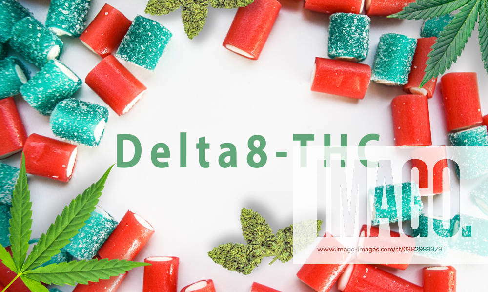 Delta-8-THC Cannabis products flat lay buds and gummy candies on white ...