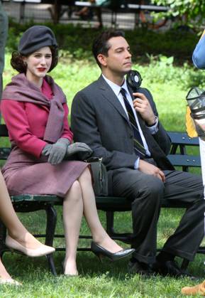 Rachel Brosnahan and Zachary Levi pictured filming The Marvelous Mrs ...