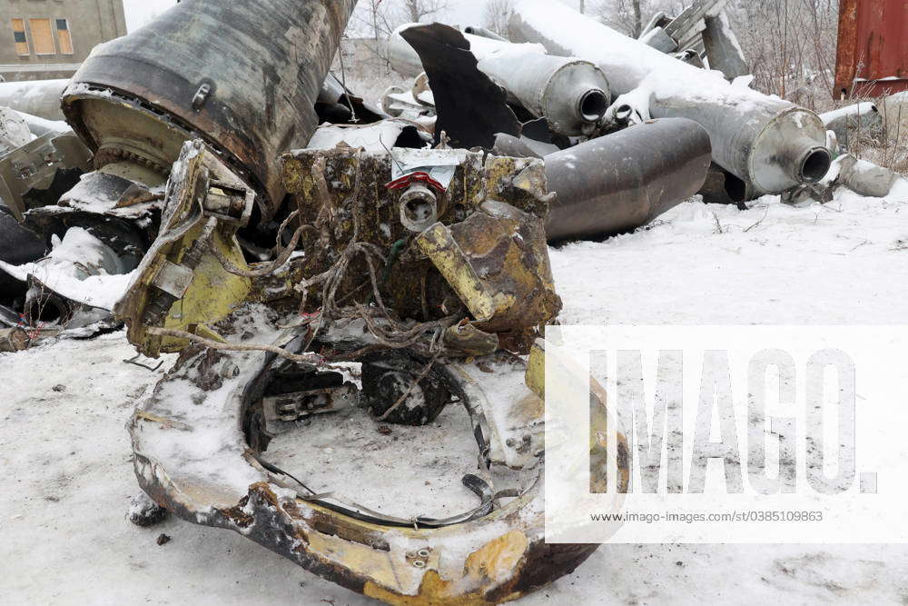 KHARKIV, UKRAINE - JANUARY 06, 2024 - A pile of debris of a rocket that ...