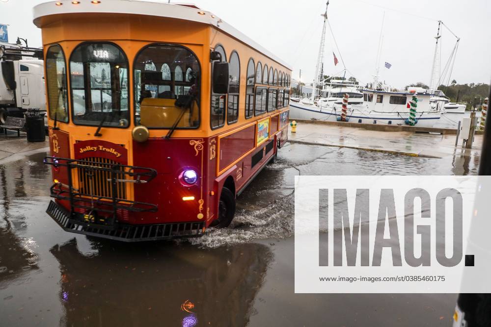 January 9, 2024, Florida, USA A Jolley Trolley takes a detour off