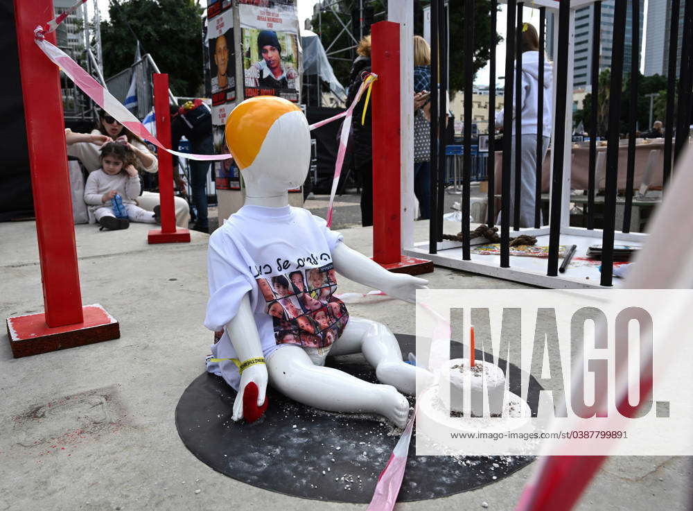 A sculpture of a child held hostage in Hamas in Gaza is seen in Hostage ...