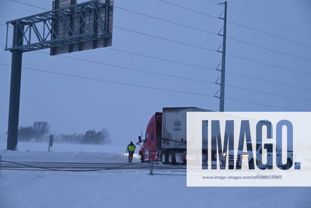 Blizzard Conditions In Coralville Iowa On Route 80 A truck is jack ...