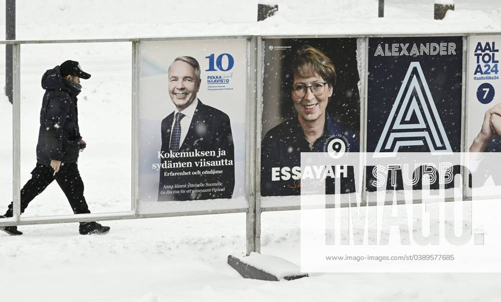 Election posters pictured in Espoo, Finland, on January 18, 2024. The ...