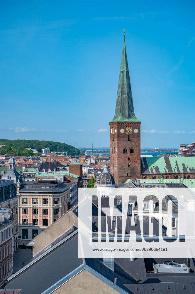 Aarhus Cathedral, drone shot, side view from the distance, Denmark ...