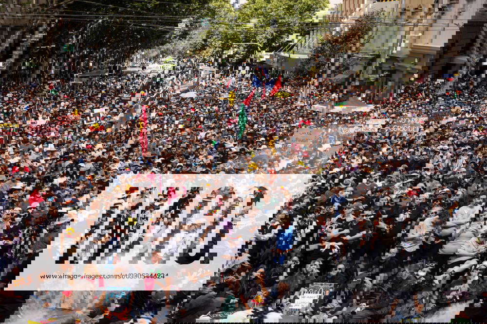 AUSTRALIA DAY 2024 MELBOURNE, People gather outside the Victorian Parliament for the Invasion Day