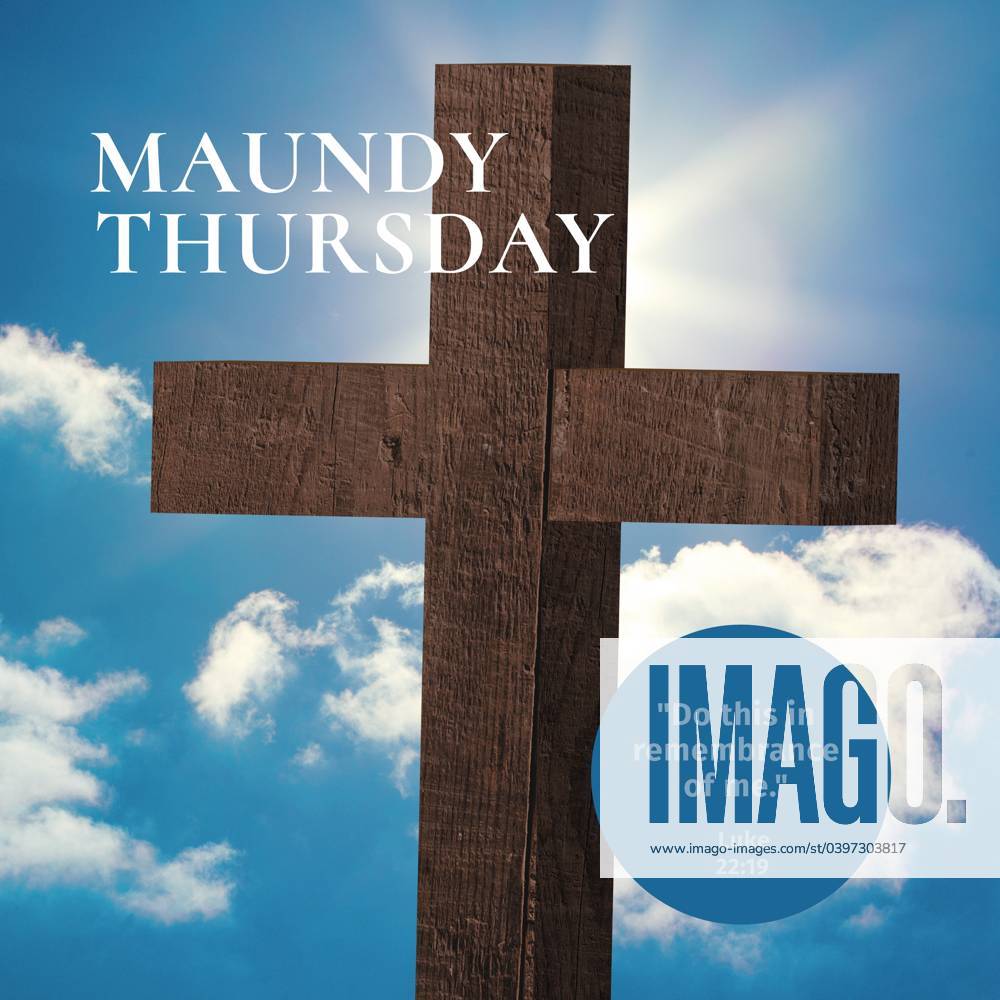 Composition of maundy thursday text over cross and sky with clouds ...