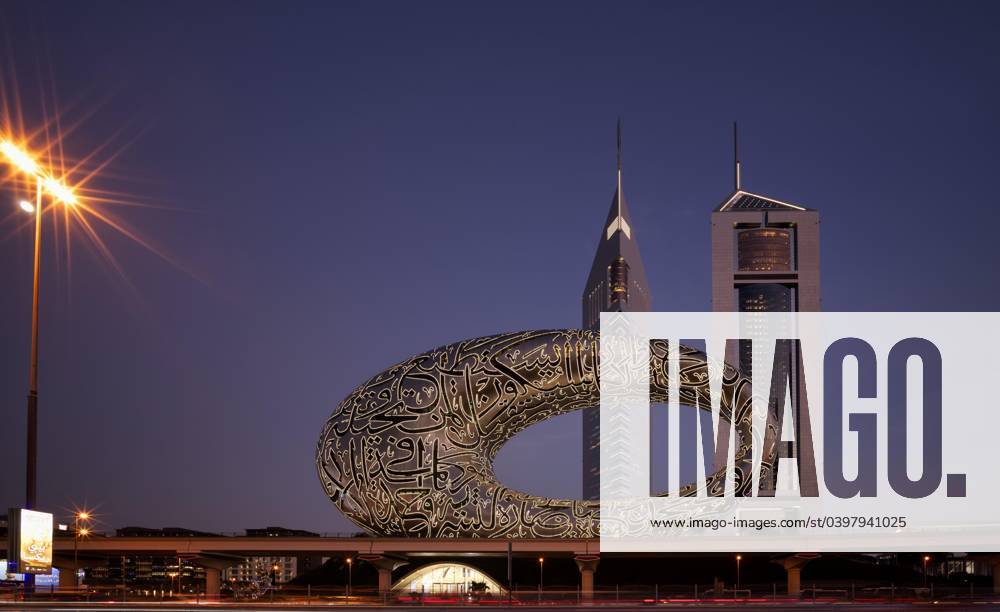 Night shot, Entrance, Museum of The Future, behind it Jumeirah Emirates ...