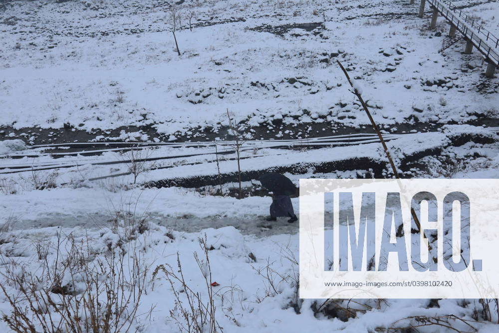 Fresh Snowfall In Many Higher Areas of Kashmir January 31,2024, Srinagar Kashmir, India A man