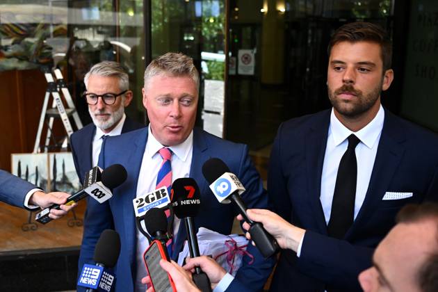 DANIEL KENEALLY COURT, Lawyer Paul McGirr (centre) speaks to media ...