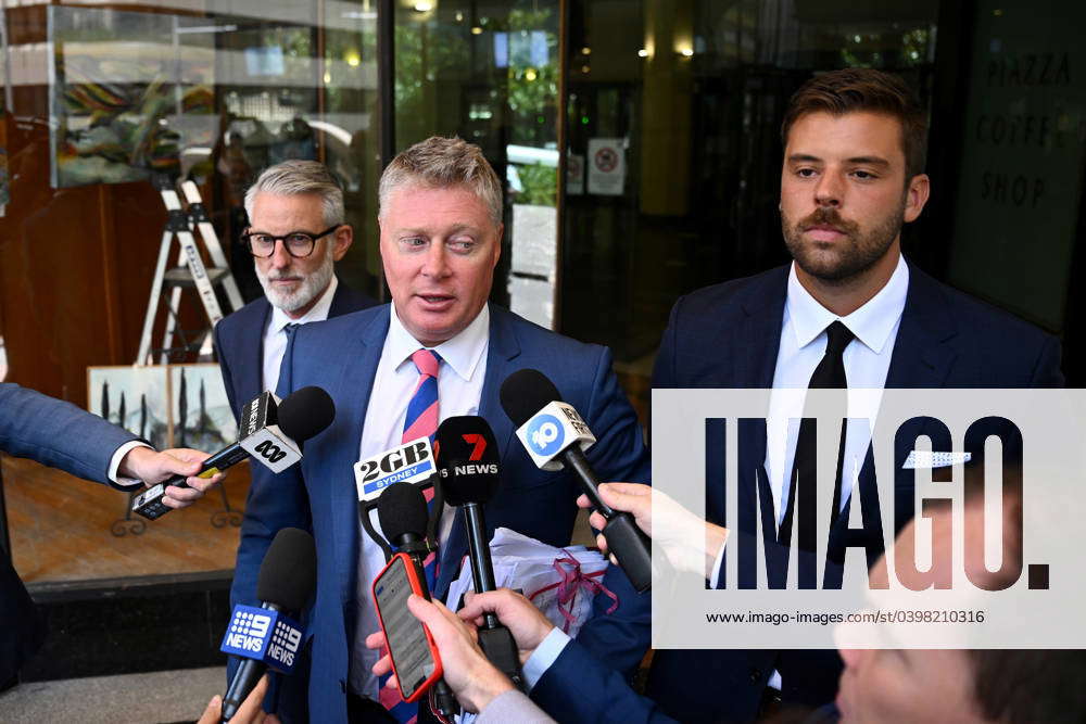 DANIEL KENEALLY COURT, Lawyer Paul McGirr (centre) speaks to media ...