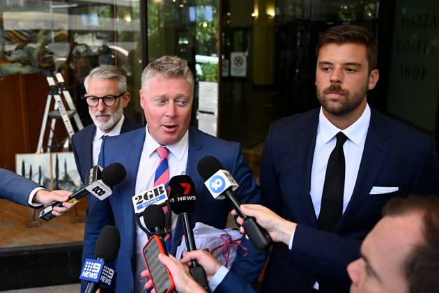 DANIEL KENEALLY COURT, Lawyer Paul McGirr (centre) speaks to media ...